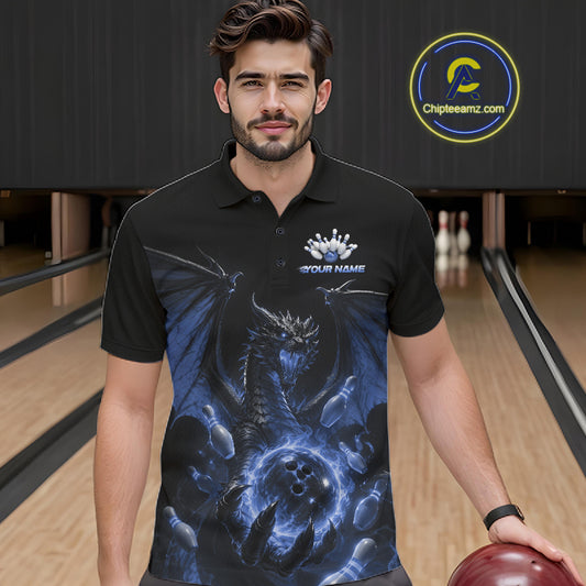 Custom Blue Dragon Flame Bowling Team Men Polo Shirt, Bowling League Shirt IPHW11668