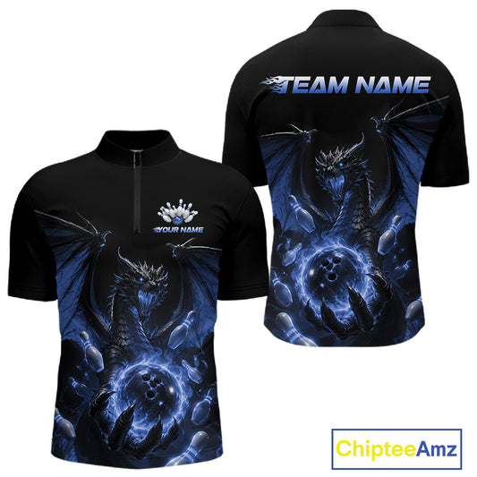 Custom Blue Dragon Flame Bowling Team Men Quarter Zip Shirt, Bowling League Shirt IPHW11668