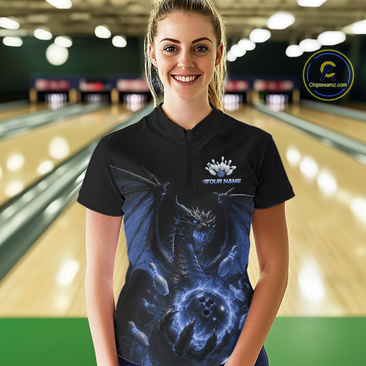 Custom Blue Dragon Flame Bowling Team Women Quarter-Zip Shirt, Bowling League Shirt IPHW11668