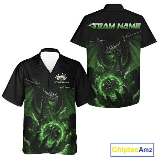 Custom Green Dragon Flame Bowling Team Men And Women Hawaiian Shirt, Bowling League Shirt IPHW11669