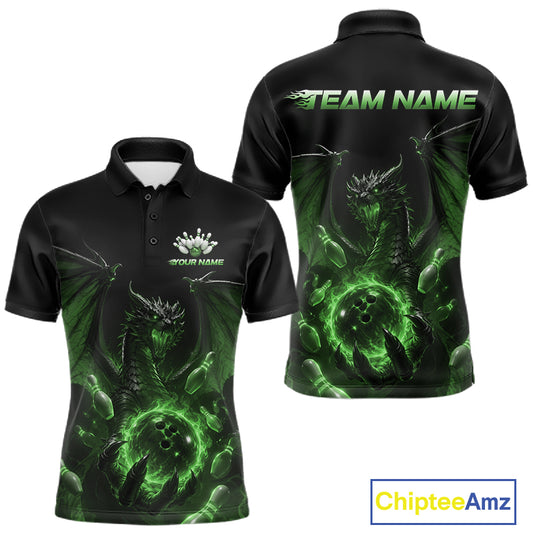 Custom Green Dragon Flame Bowling Team Men Polo Shirt, Bowling League Shirt IPHW11669