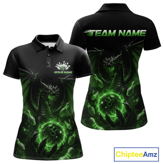 Custom Green Dragon Flame Bowling Team Women Polo Shirt, Bowling League Shirt IPHW11669