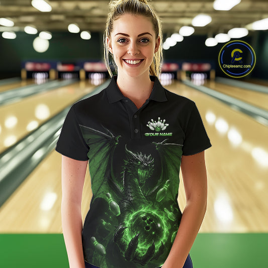 Custom Green Dragon Flame Bowling Team Women Polo Shirt, Bowling League Shirt IPHW11669