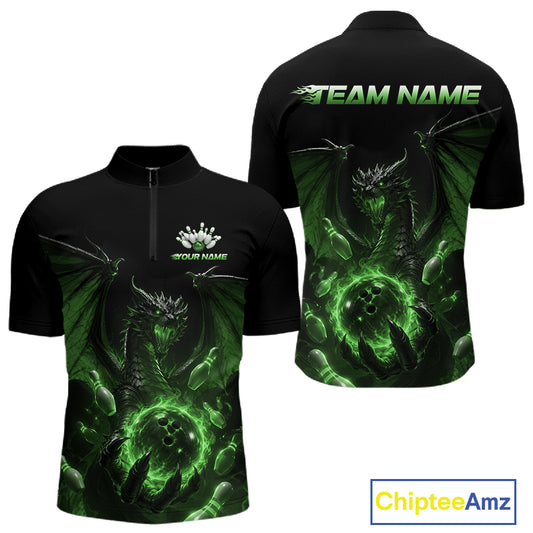 Custom Green Dragon Flame Bowling Team Men Quarter Zip Shirt, Bowling League Shirt IPHW11669