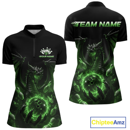 Custom Green Dragon Flame Bowling Team Women Quarter-Zip Shirt, Bowling League Shirt IPHW11669