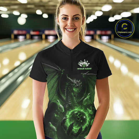 Custom Green Dragon Flame Bowling Team Women Quarter-Zip Shirt, Bowling League Shirt IPHW11669