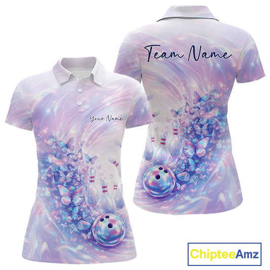 Front and back mockup of a womens polo shirt showcasing pastel purple and pink holographic butterflies with bowling graphics