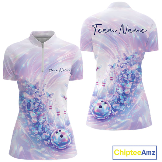 Front and back mockup of a womens bowling quarter zip featuring pastel purple and pink holographic butterflies and bowling artwork