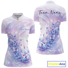 Load image into Gallery viewer, Front and back mockup of a womens bowling quarter zip featuring pastel purple and pink holographic butterflies and bowling artwork