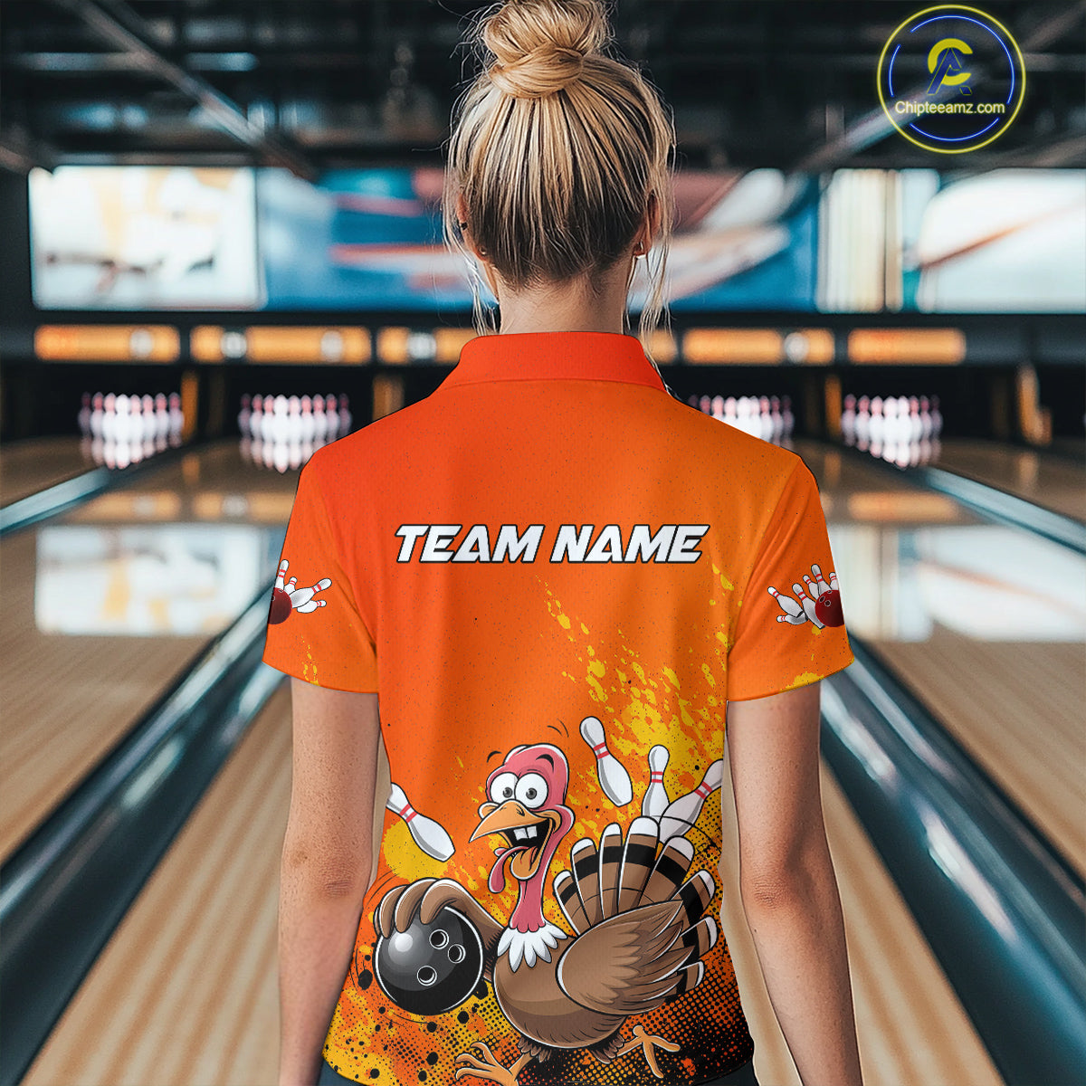 Custom Funny Turkey Bowling Thanksgiving Bowing Outfit Team Polo Shirts For Women IPHW9786