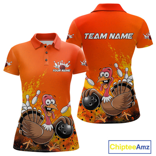 Custom Funny Turkey Bowling Thanksgiving Bowing Outfit Team Polo Shirts For Women IPHW9786