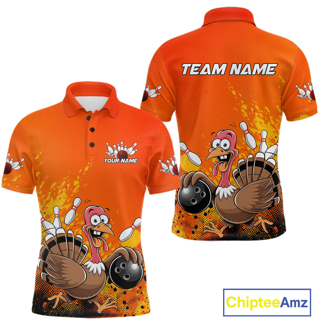 Custom Funny Turkey Bowling Thanksgiving Bowing Outfit Team Polo Shirts For Men IPHW9786