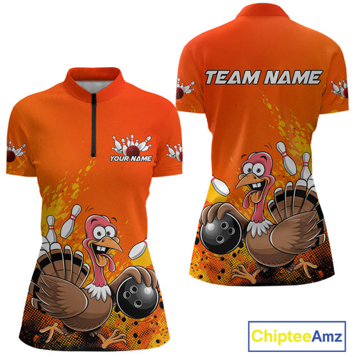 Custom Funny Turkey Bowling Thanksgiving Bowing Outfit Team Quarter-Zip Shirts For Women IPHW9786