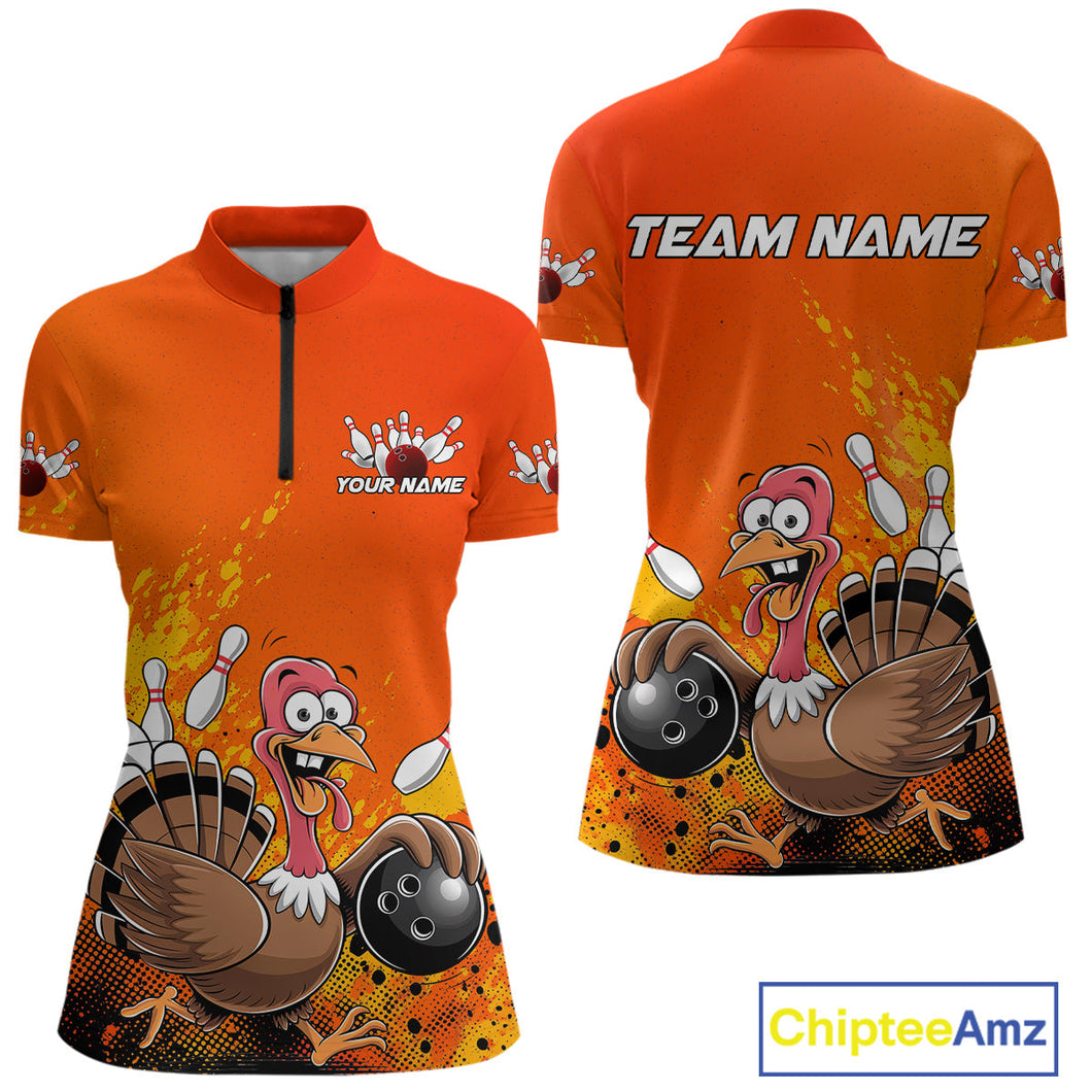 Custom Funny Turkey Bowling Thanksgiving Bowing Outfit Team Quarter-Zip Shirts For Women IPHW9786