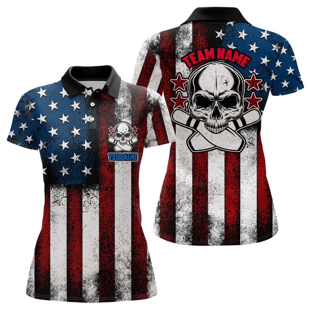 American Flag Skull Custom Team Bowling Shirts For Women, Patriotic Bowling Jerseys IPHW5157