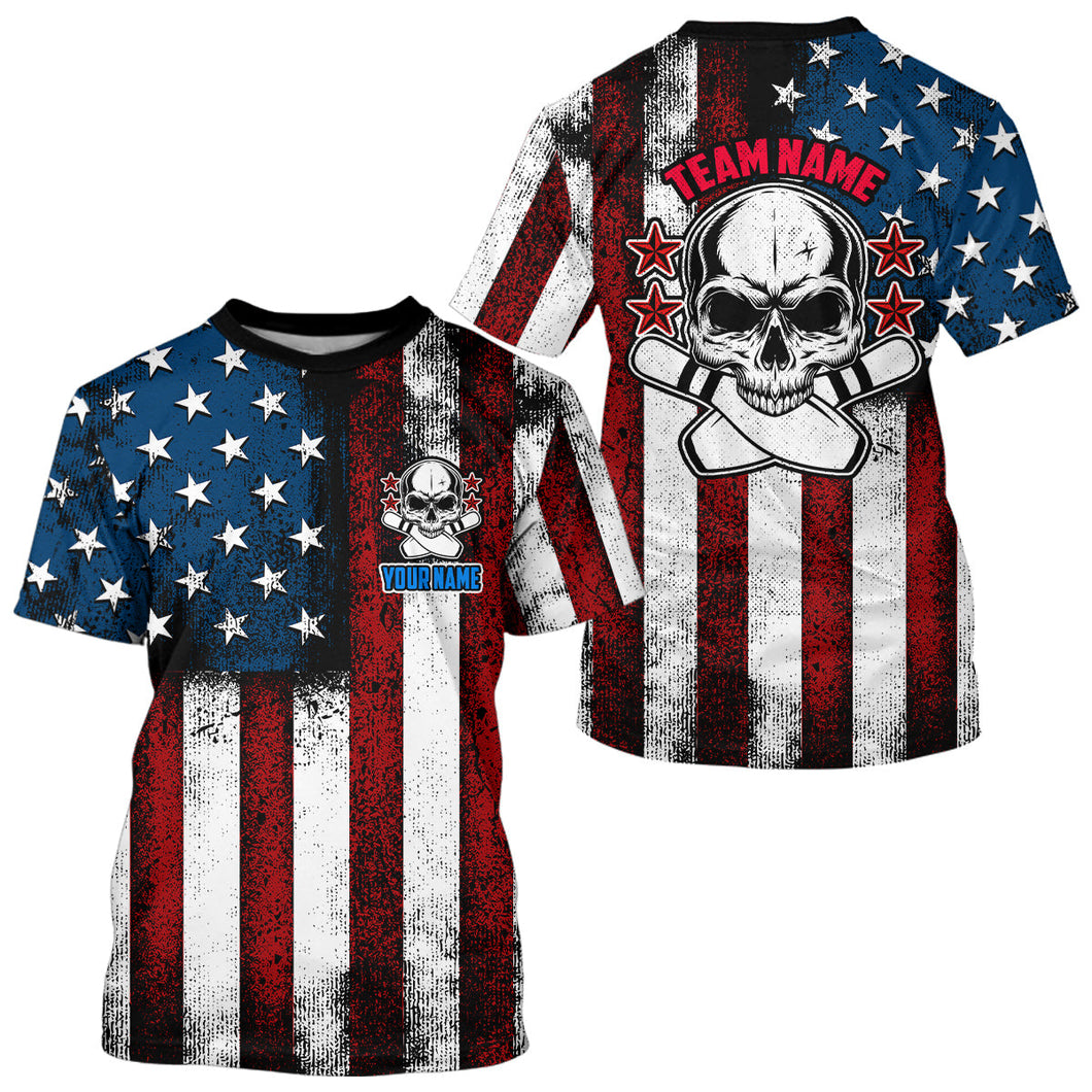 American Flag Skull Custom Team Bowling T-Shirts  For Men, Patriotic Bowling Jerseys IPHW5157