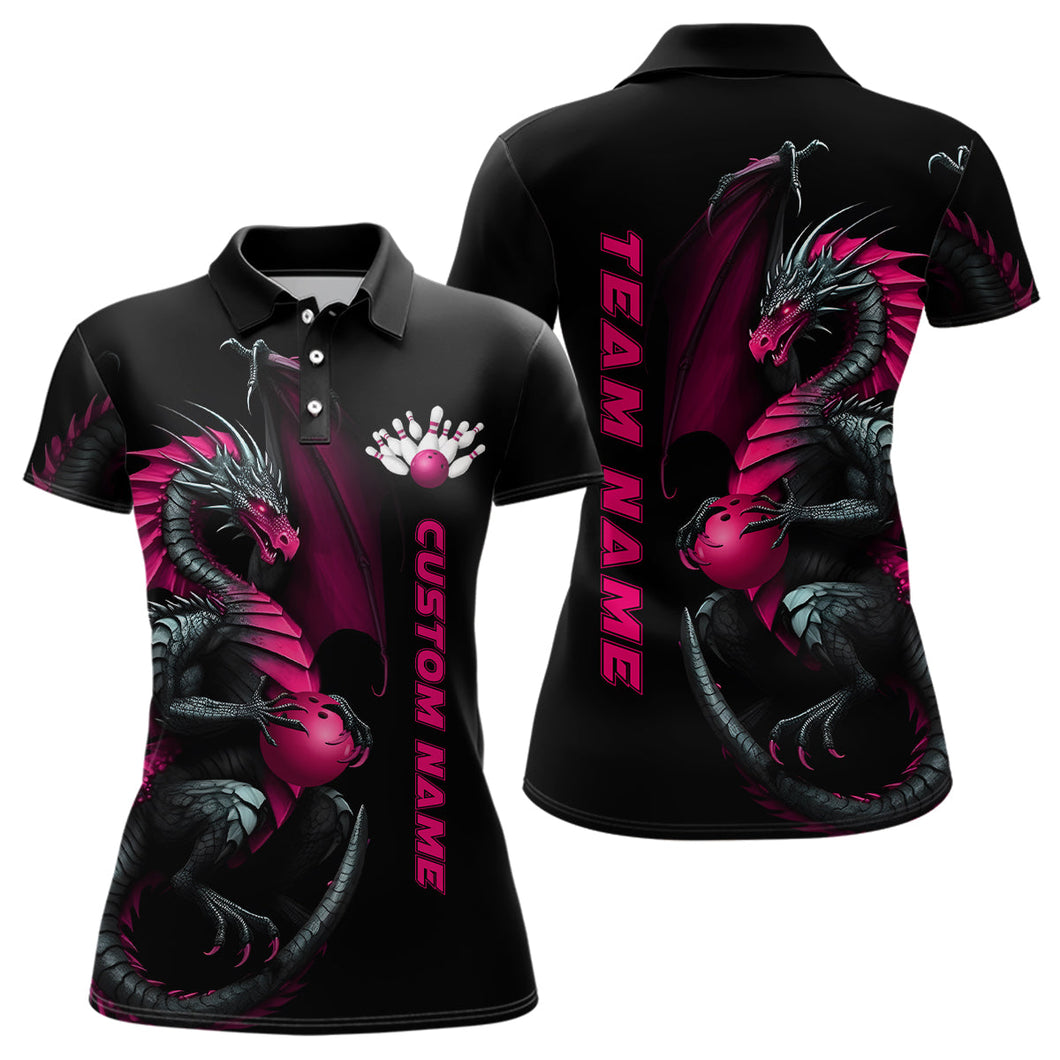 Custom Black And Pink Dragon Ladies Bowling Shirts, Dragon Bowling Team Shirt Bowler Outfit IPHW7293