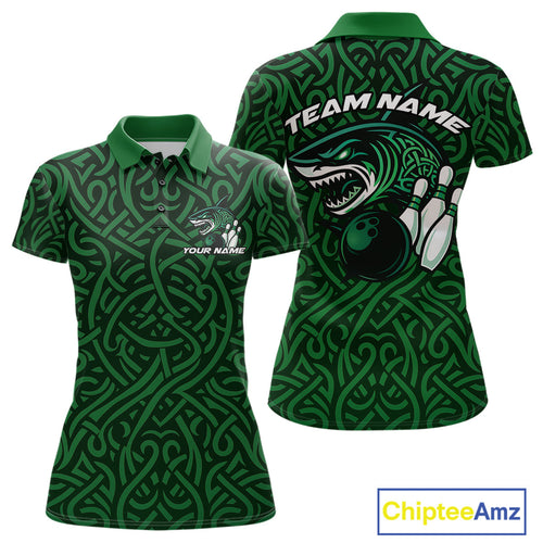 Custom Green Tribal Shark Bowling Team Women Polo Shirt, Shark Bowling Tournament Shirt IPHW10176