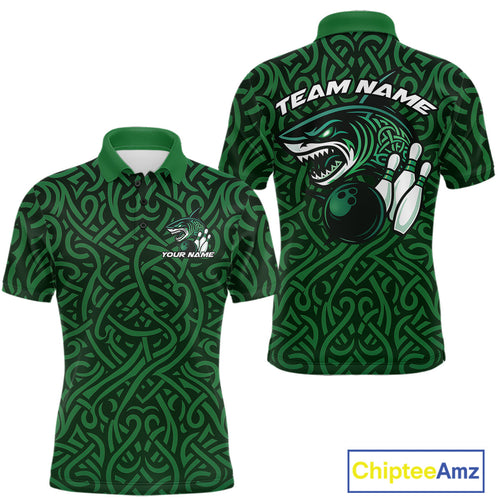 Custom Green Tribal Shark Bowling Team Men Polo Shirt, Shark Bowling Tournament Shirt IPHW10176
