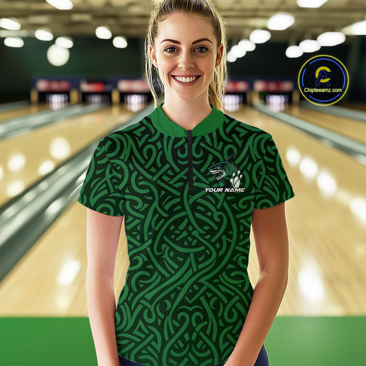 Custom Green Tribal Shark Women Bowling Team Shirts, Shark Bowling Tournament Shirt IPHW10176