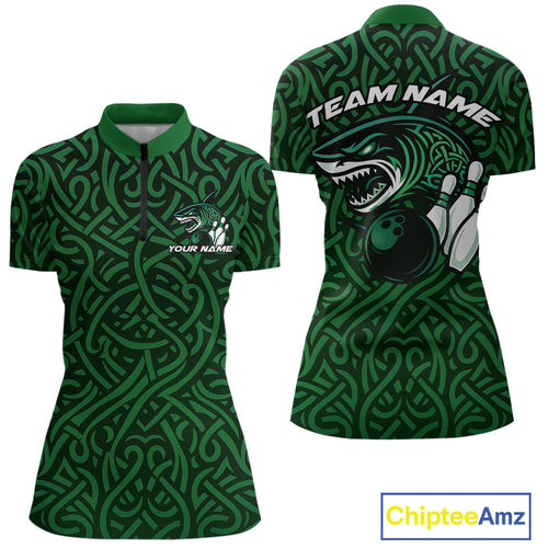 Custom Green Tribal Shark Women Bowling Team Shirts, Shark Bowling Tournament Shirt IPHW10176