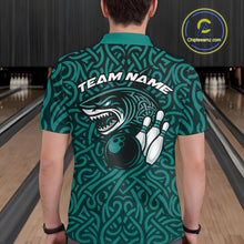 Load image into Gallery viewer, Custom Blue Tribal Shark Bowling Team Men Polo Shirt, Shark Bowling Tournament Shirt IPHW10177