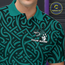 Load image into Gallery viewer, Custom Blue Tribal Shark Bowling Team Men Polo Shirt, Shark Bowling Tournament Shirt IPHW10177