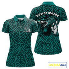 Load image into Gallery viewer, Custom Blue Tribal Shark Bowling Team Women Polo Shirt, Shark Bowling Tournament Shirt IPHW10177