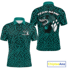Load image into Gallery viewer, Custom Blue Tribal Shark Bowling Team Men Polo Shirt, Shark Bowling Tournament Shirt IPHW10177