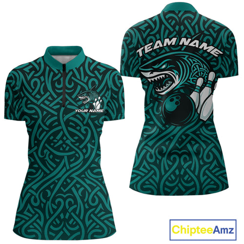 Custom Blue Tribal Shark Women Bowling Team Shirts, Shark Bowling Tournament Shirt IPHW10177
