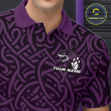 Load image into Gallery viewer, Custom Purple Tribal Shark Bowling Team Men Polo Shirt, Shark Bowling Tournament Shirt IPHW10178