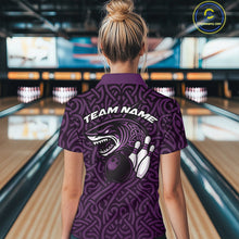 Load image into Gallery viewer, Custom Purple Tribal Shark Bowling Team Women Polo Shirt, Shark Bowling Tournament Shirt IPHW10178