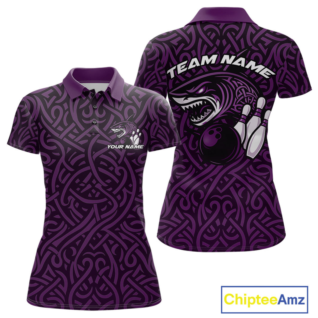 Custom Purple Tribal Shark Bowling Team Women Polo Shirt, Shark Bowling Tournament Shirt IPHW10178