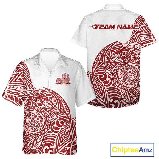 Custom Red And White Tribal Dragon Men And Women Bowling Hawaiian Shirt, Polynesian Bowling Shirt IPHW10341