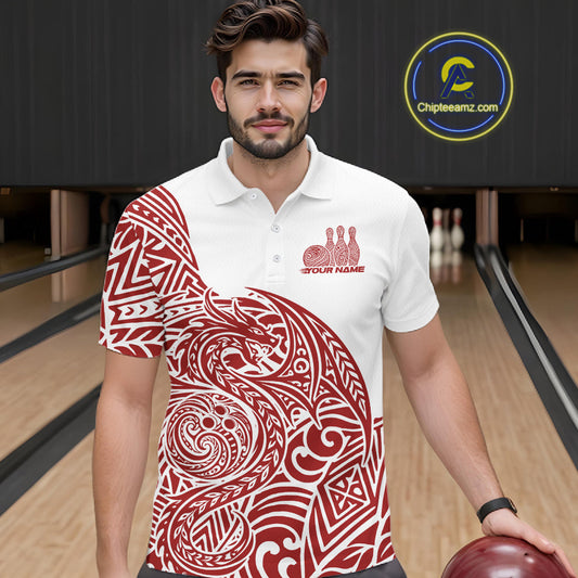 Custom Red And White Tribal Dragon Men Bowling Polo Shirt, Polynesian Bowling Shirt IPHW10341