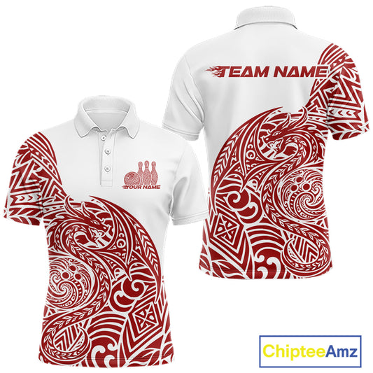Custom Red And White Tribal Dragon Men Bowling Polo Shirt, Polynesian Bowling Shirt IPHW10341