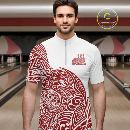 Custom Red And White Tribal Dragon Men Bowling Quarter-Zip Shirt, Polynesian Bowling Shirt IPHW10341