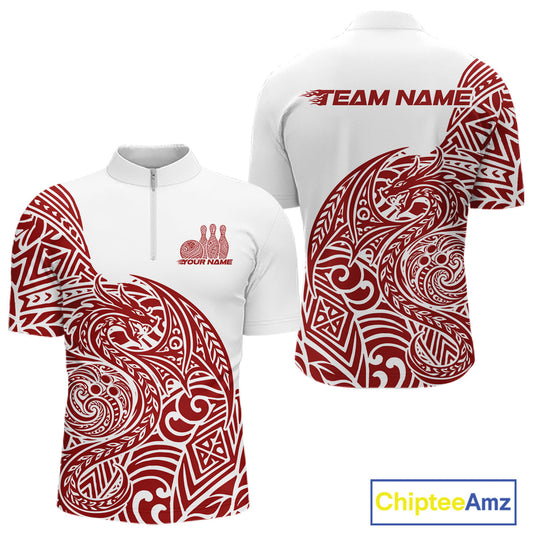 Custom Red And White Tribal Dragon Men Bowling Quarter-Zip Shirt, Polynesian Bowling Shirt IPHW10341