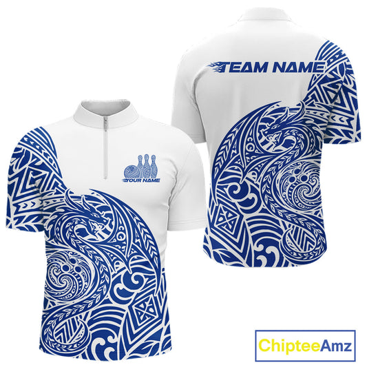 Custom Blue And White Tribal Dragon Men Bowling Quarter-Zip Shirt, Polynesian Bowling Shirt IPHW10342