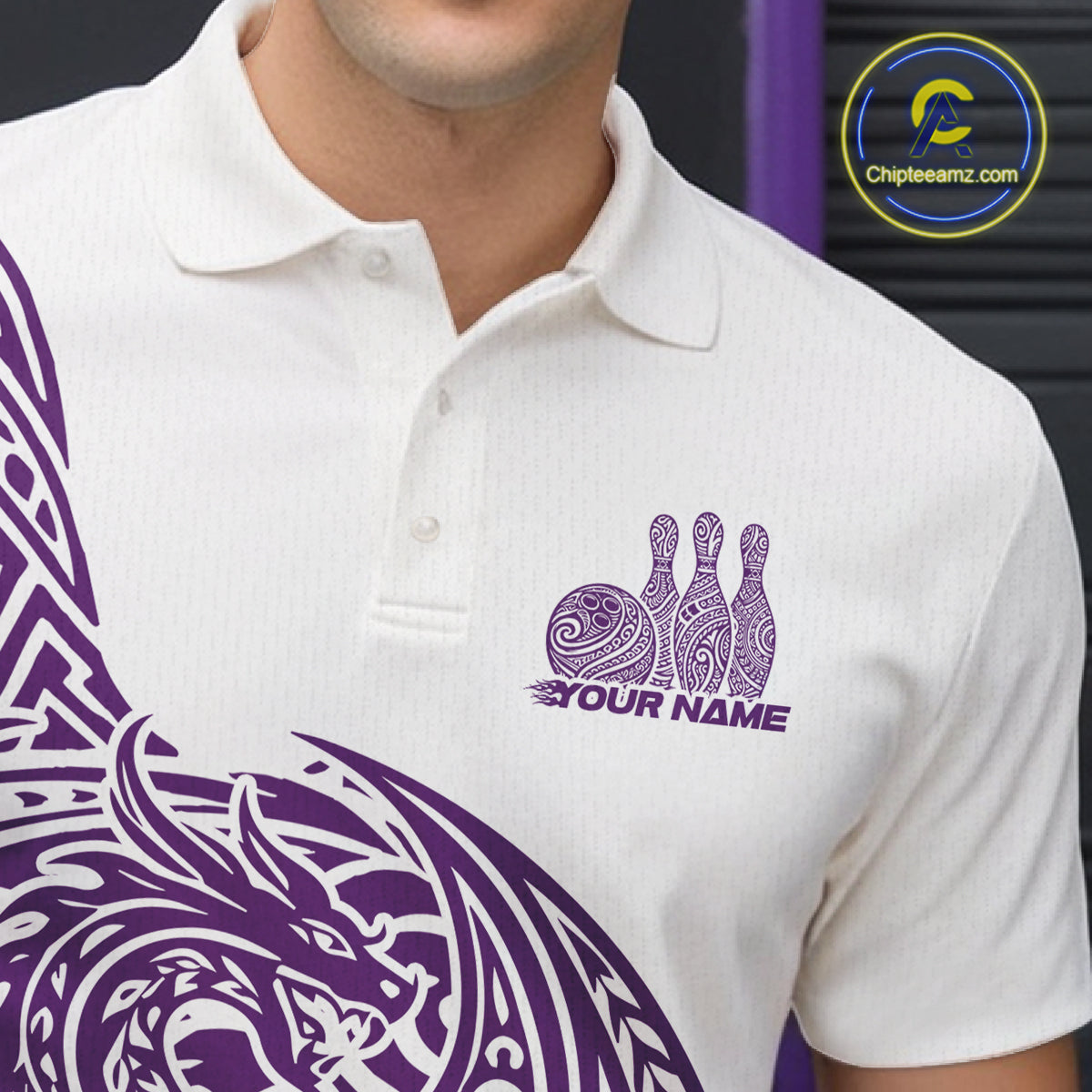 Custom Purple And White Tribal Dragon Men Bowling Polo Shirt, Polynesian Bowling Shirt IPHW10343