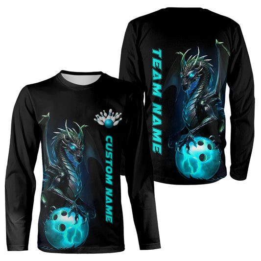 Custom Men Bowling Long Sleeve Shirts Blue Dragon Bowling Team Jerseys Bowling League Shirts Outfits IPHW5351