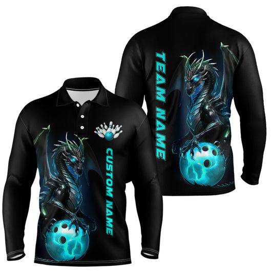 Custom Men Bowling Long Sleeve Polo Shirts Blue Dragon Bowling Team Bowling League Shirts Outfits IPHW5351