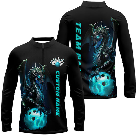 Custom Men Bowling Long Sleeve Quarter-Zip Shirts, Blue Dragon Bowling League Shirts Outfits IPHW5351