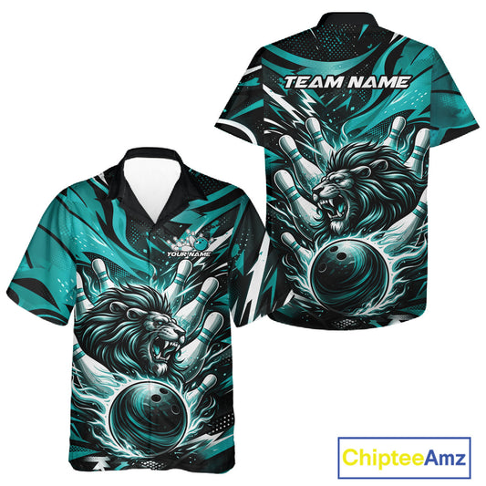Custom Turquoise Blue Flame Bowling Ball Lion Bowling Jerseys, Lion Men And Women Hawaiian Bowling Shirt IPHW10350