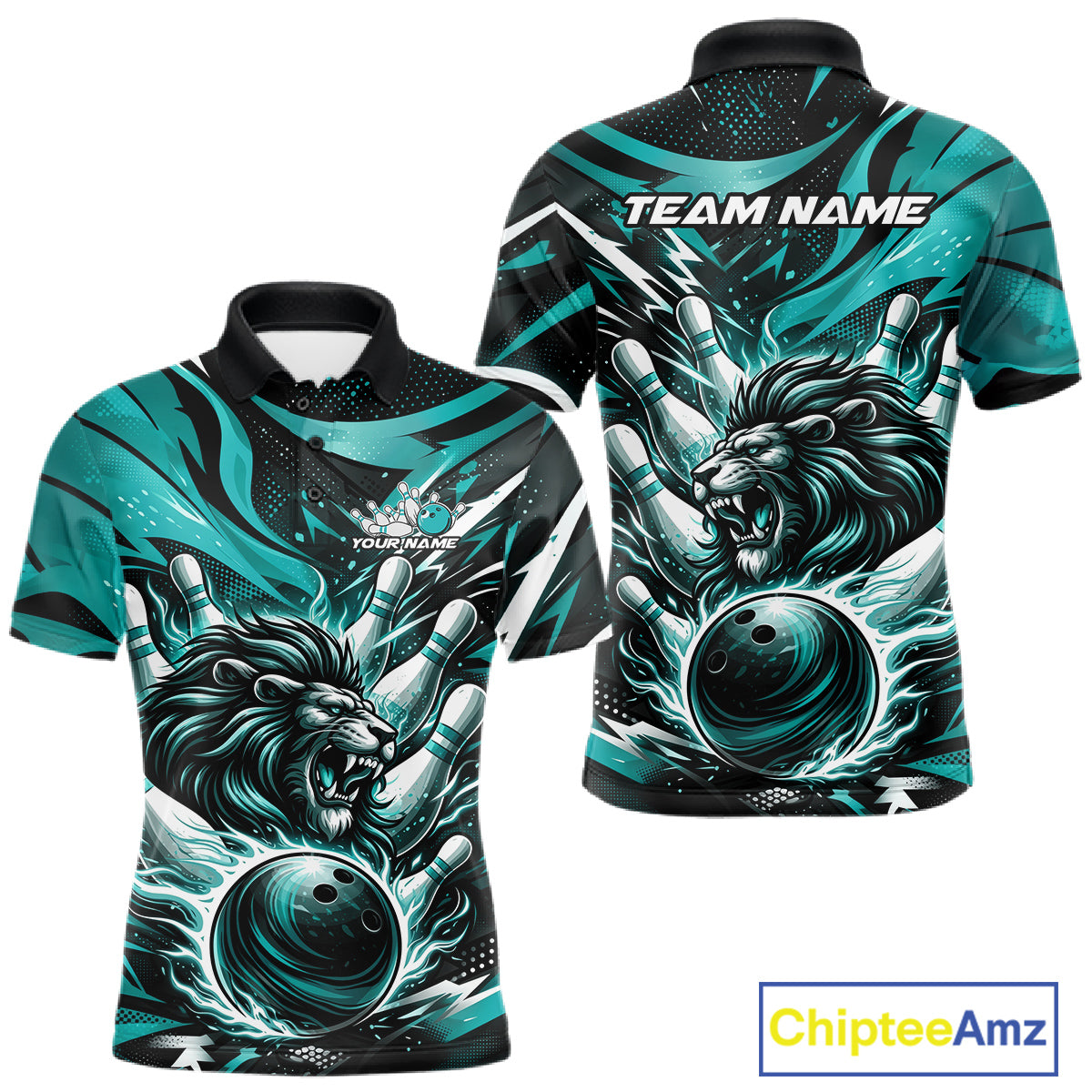Custom Turquoise Blue Flame Bowling Ball Lion Bowling Jerseys, Lion Men Polo Bowling Shirt IPHW10350