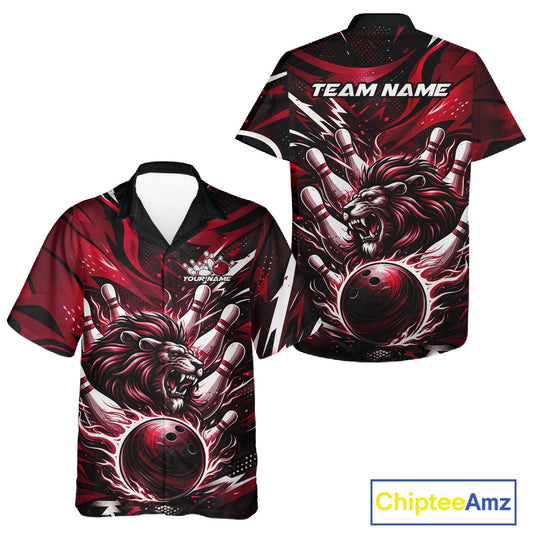 Custom Red Flame Bowling Ball Lion Bowling Jerseys, Lion Men And Women Hawaiian Bowling Shirt IPHW10351