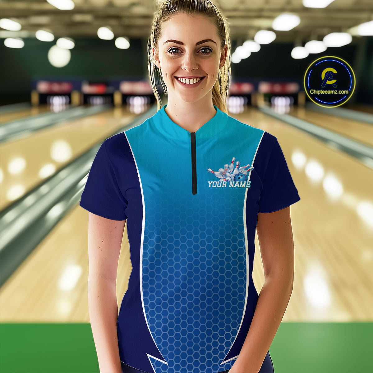 Custom Blue Bowling Team Quarter-Zip Shirts For Women, Blue Bowling Jerseys Team Uniform IPHW9429