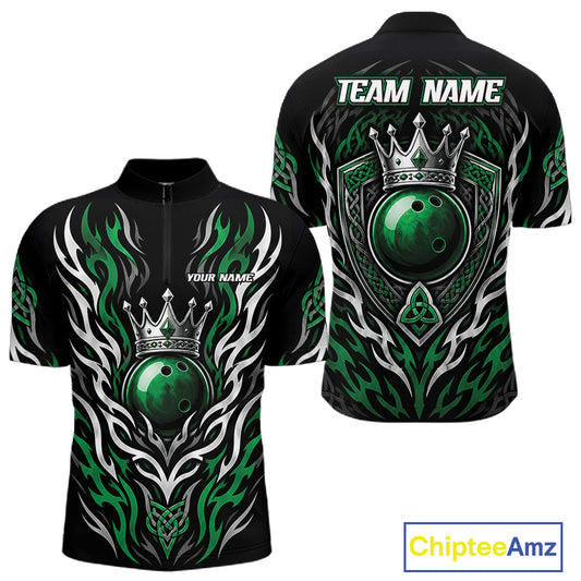 Custom Black And Green Irish Tribal Pattern Bowling Ball With Crown Men Quarter Zip Shirt IPHW11692