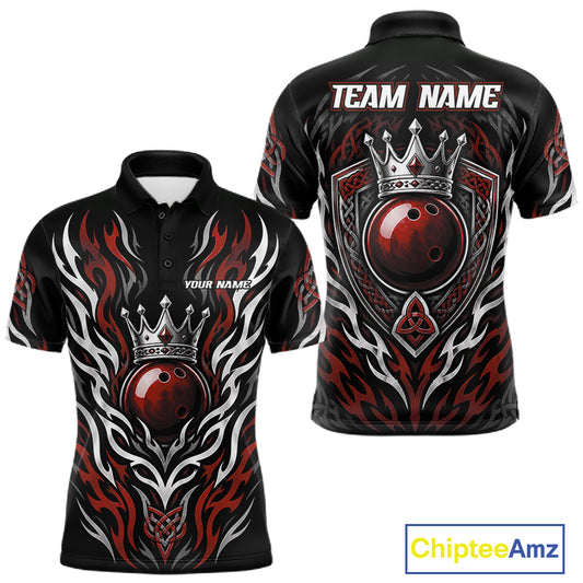 Custom Black And Red Irish Tribal Pattern Bowling Ball With Crown Men Polo Shirt IPHW11693