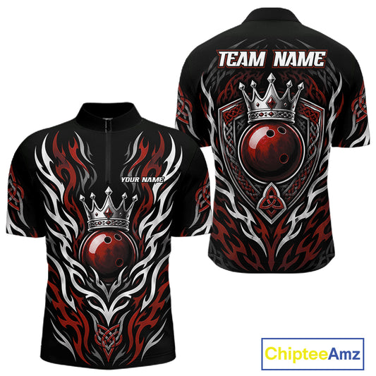 Custom Black And Red Irish Tribal Pattern Bowling Ball With Crown Men Quarter Zip Shirt IPHW11693